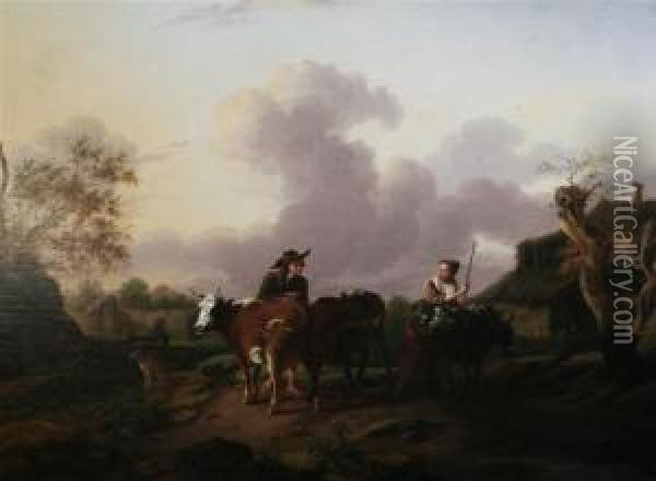 Pastoral Scene With Figures, Lambs, Cattle And A Donkey Oil Painting - Charles Towne