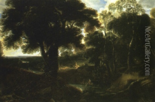 A Wooded Landscape With Peasants Watering Horses At A Stream Oil Painting - Lucas Achtschellinck