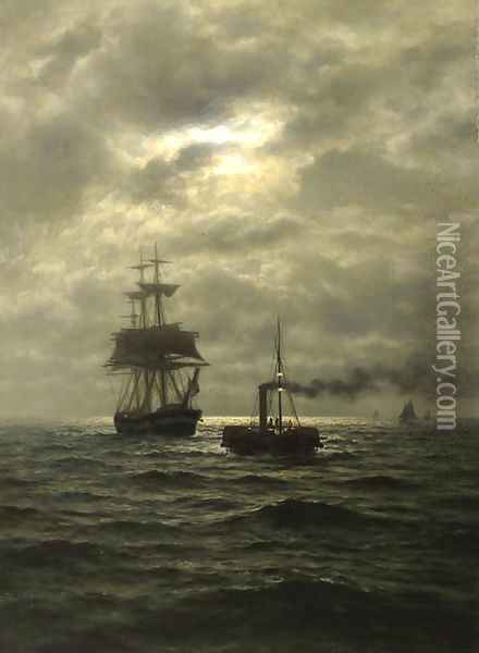 Tug and three-master in moonlight Oil Painting - Wilhelm Xylander