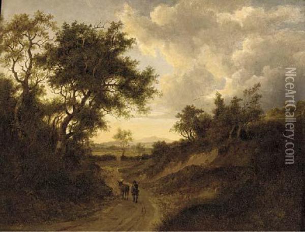 A Drover On A Wooded Track In An Extensive Landscape Oil Painting - Patrick, Peter Nasmyth