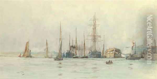 Hulks and other shipping moored at a wharf Oil Painting - Charles Edward Dixon