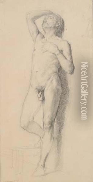 A Standing Male Nude Academy Oil Painting - Jean Baptiste Edouard Detaille