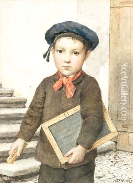 Schoolboy With Slate, 1909 Oil Painting - Albert Anker