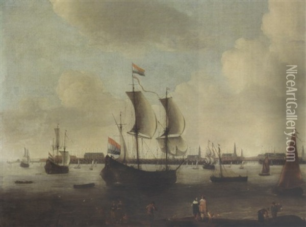 An Extensive View Of The Roads Of A City With A Large Flute, A Small Cargo Ship, A Kaag And Other Shipping Moored, With An Elegant Couple And Other Figures In The Foreground Oil Painting - Hendrich van Minderhout