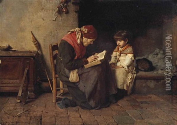 A Bed Time Story Oil Painting - Silvio Giulio Rotta