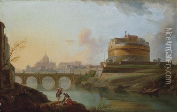 A View Of The Tiber, Rome, With The Castel Sant Angelo And St. Peter's Beyond Oil Painting - Jean Baptiste Lallemand