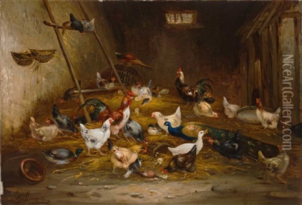 Blick Auf Zahlreiches Federvieh In Einem Stall Oil Painting - Claude Guilleminet