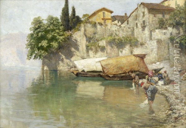 Wascherinnen Und Boote Am Ufer Des Gardasees Oil Painting - Felix Possart