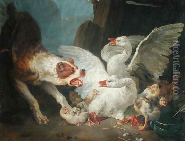 A Dog Attacking Geese Oil Painting - Jean-Baptiste Huet