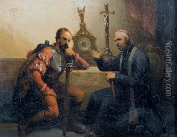 Interieur Mit Ritter Und Priester Oil Painting - Johann Baptist Kirner