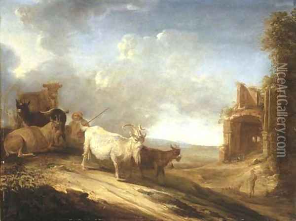 An open landscape with a herdsman, goats and a cow on a track, a ruin beyond Oil Painting - Cornelis Saftleven