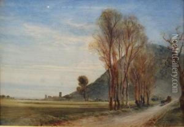 A Rural French Landscape Near Cannes, With A Horse Drawn Cart On A Road Oil Painting - Bernard Walter Evans