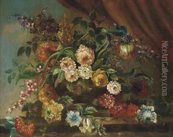 Chrysanthemums, peonies, lilac, a poppy and other assorted flowers in an urn on a ledge; and Another similar Oil Painting - English School