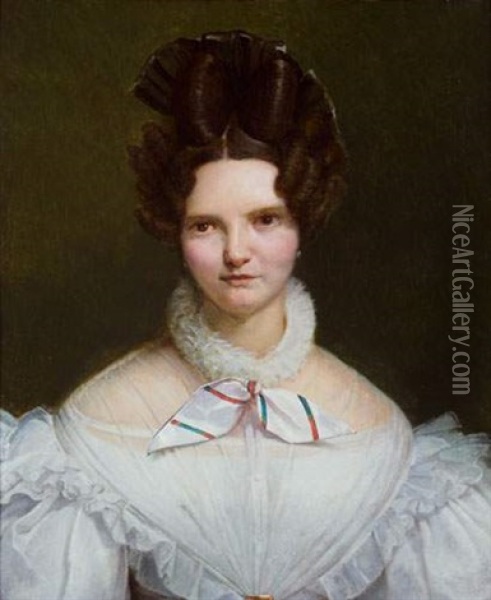 Portrait De Jeune Femme En Robe Blanche Oil Painting - Georges Rouget