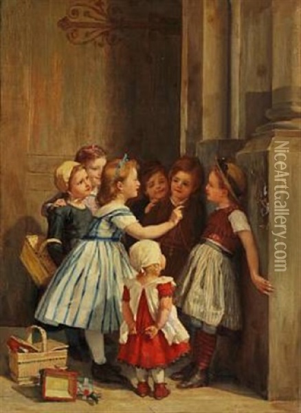 Little Girls Playing Oil Painting - Timoleon Marie Lobrichon