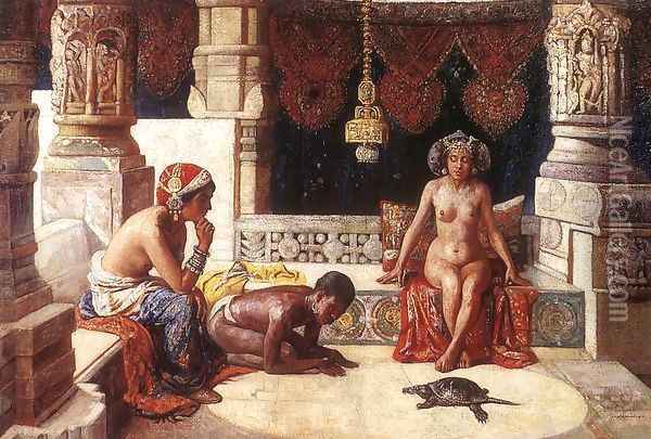 Nudes with Tortoise Oil Painting - Gyula Tornai