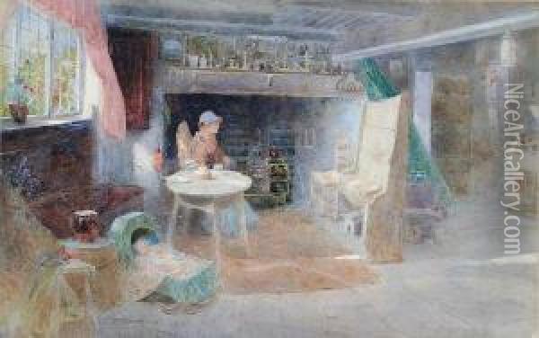 Cottage Interior With Mother And Child Oil Painting - Thomas Mackay