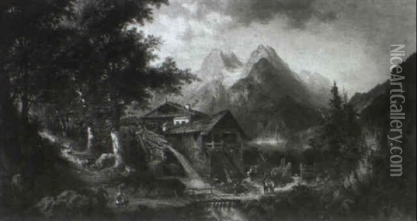 Alpensee. Vorne Am Ufer Ein Bauernhaus Und Eine Scheune Oil Painting - Hermann Bennekenstein