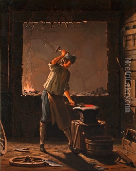 Interior Of A Smithy Oil Painting - Pehr Hillestroem