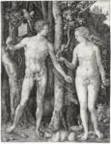 Adam And Eve (b., M., Holl. 1) Oil Painting - Albrecht Durer