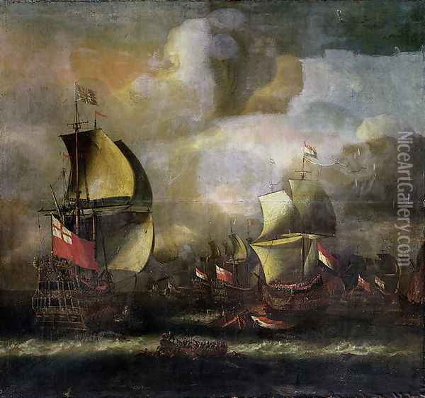 A Battle between English and Dutch fleets Oil Painting - Isaac Sailmaker