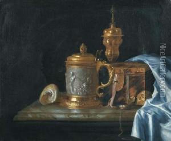 Still Life With Tankard, Coffer And Cup And Cover. Oil Painting - Pieter Gerritsz. van Roestraten