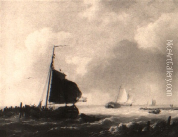 Sailing Vessels On An Estuary Oil Painting - Hermanus Koekkoek the Elder