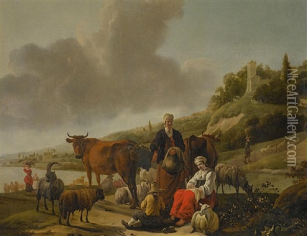 Hirten Mit Ihrem Vieh In Hugeliger Flusslandschaft Oil Painting - Jan Baptist Wolfaerts