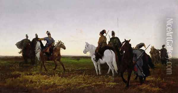 Cossacks on Horseback, 1874 Oil Painting - Jan van Chelminski