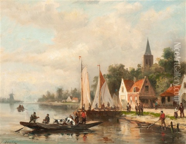 River Ferry On The River By A City Oil Painting - Johannes Frederik Hulk the Elder