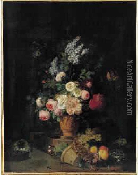 Nature Morte Au Bouquet De Fleurs Dans Un Vase Orne Debas-relief Et Corbeille De Fruits Oil Painting - Jean Louis, Le Jeune Prevost