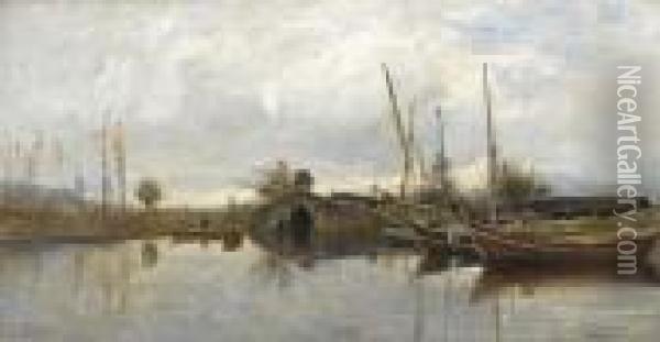 Flussuferpartie Mit Brucke Und Booten Oil Painting - Adolphe Appian