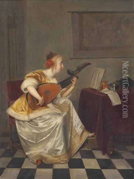 A Young Lady Playing A Lute In An Interior Oil Painting - Gerard ter Borch the Elder