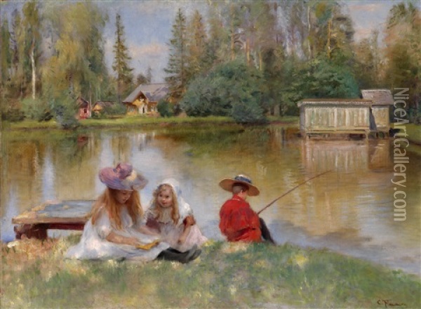 Children By The Lake Oil Painting - Konstantin Egorovich Makovsky