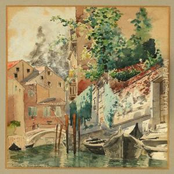 Canal Scene From Venice Oil Painting - I.T. Hansen