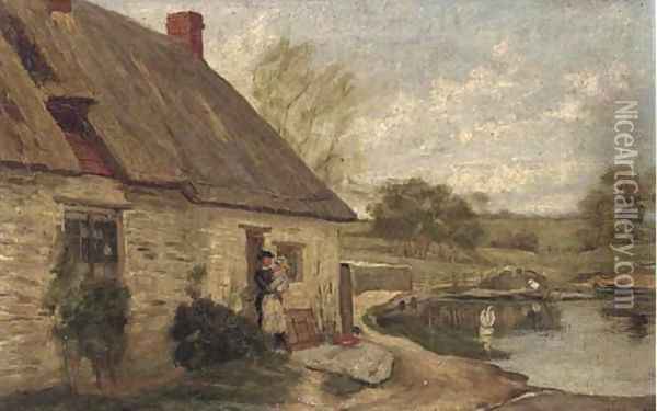 A cottage by a pond Oil Painting - George Paice
