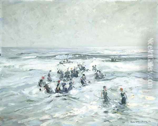 Splashing in the Surf Oil Painting - Charles Herbert Woodbury