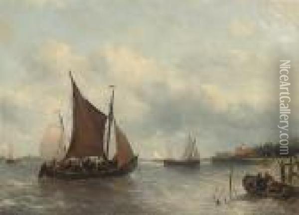 A Crowded Fishing Barge Tacking Up A Dutch River Estuary, Probablythe Scheldt Oil Painting - Antonie Waldorp