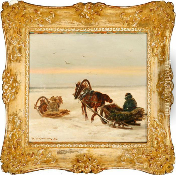 Sleighs In The Snow Oil Painting - Petr Nicolaevich Gruzinsky