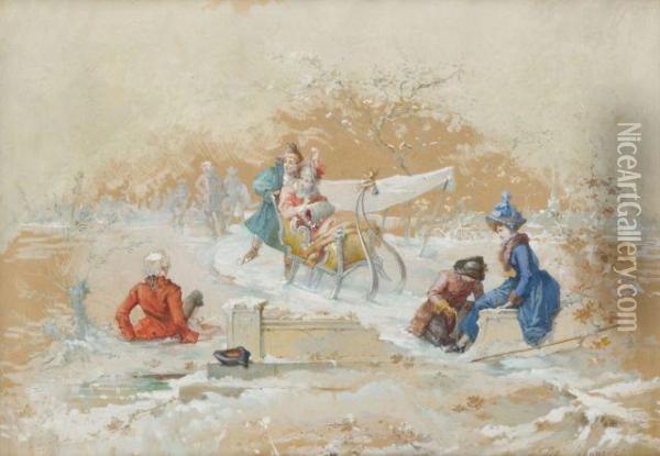 Les Jeux De Traineau, Projet D'eventail Oil Painting - Jules Girardet
