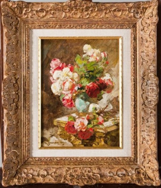 Vase De Fleurs Sur Un Entablement Oil Painting - Georges Jeannin