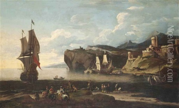A Coastal Landscape With A Man-o'-war And Other Vessels On The Water, Elegant Figures On Horseback On The Shore, A Fortress Beyond Oil Painting - Adriaen Van Der Cabel