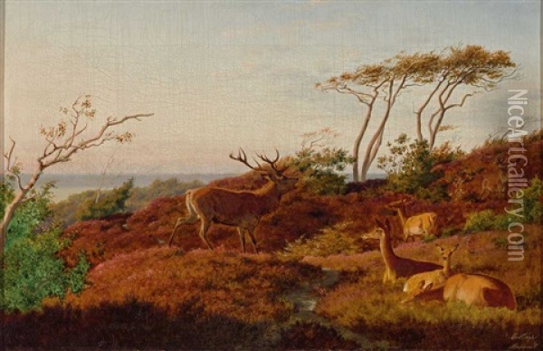 Rotwild In Herbstlicher Landschaft Oil Painting - Carl Henrik Bogh