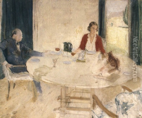 Sir Winston And Lady Churchill In The Dining Room At Chartwell Oil Painting - William Nicholson