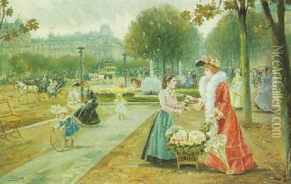 The Flower Seller, Paris Oil Painting - Joaquin Pallares Allustante