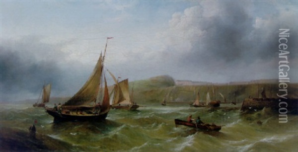 At The Harbour Mouth, Scarborough Oil Painting - Henry Redmore