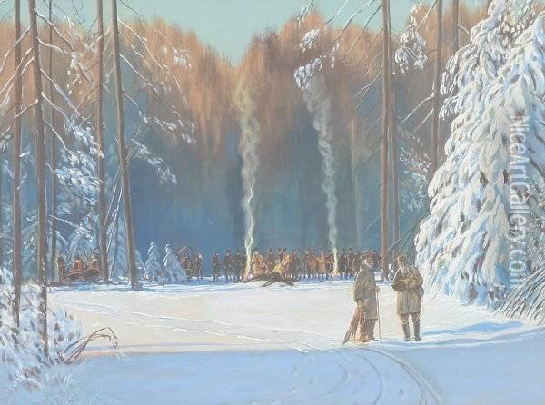 Winter Scene With Hunters Oil Painting - Julian Falat