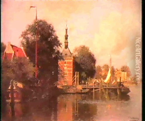 A View Of The Pierkade, Alk- Maar, With The `accijnstoren'  And Moored Sailing Vessels By A Jetty. Oil Painting - Johannes Christiaan Karel Klinkenberg