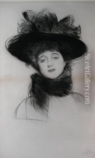 Portrait Of A Woman With Hat Oil Painting - Paul Cesar Helleu