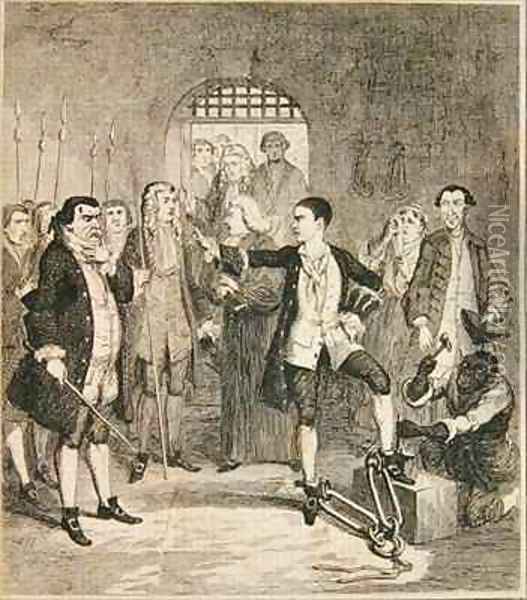 Jack Sheppards irons knocked off in the Stone Hall at Newgate Oil Painting - George Cruikshank I